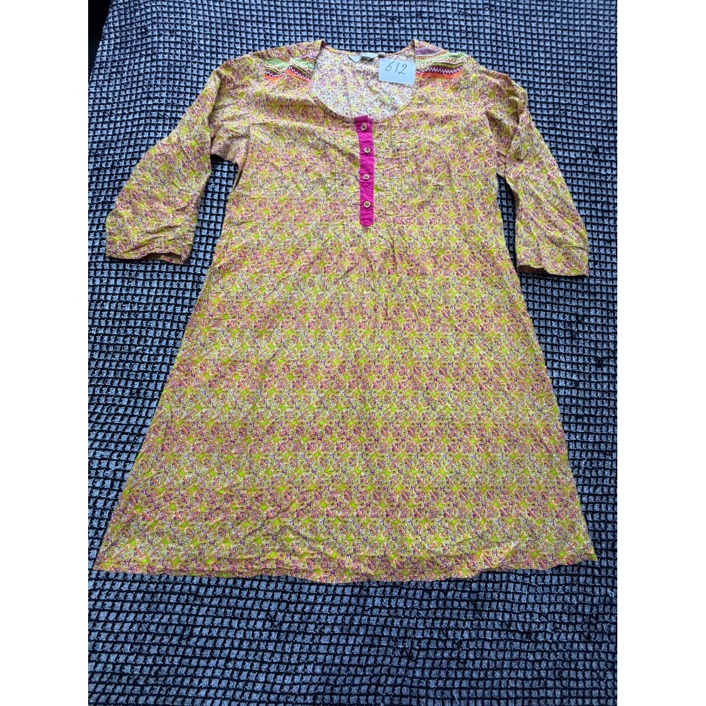 Max Tunic Top Womens XL Yellow Pink Geometric 3/4 Sleeve Henley